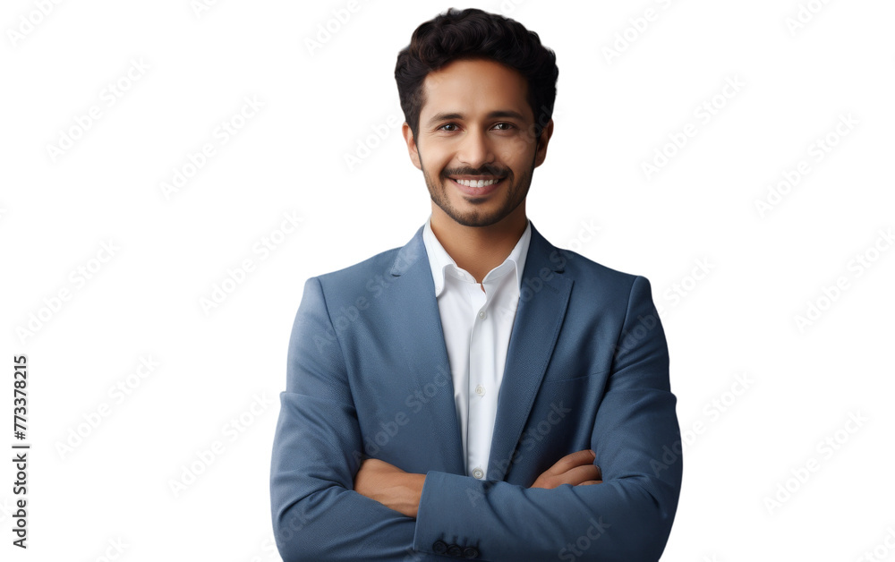 A man in a stylish blue suit stands with arms crossed, exuding confidence and poise A man in a stylish blue suit stands with arms crossed, exuding confidence and poise