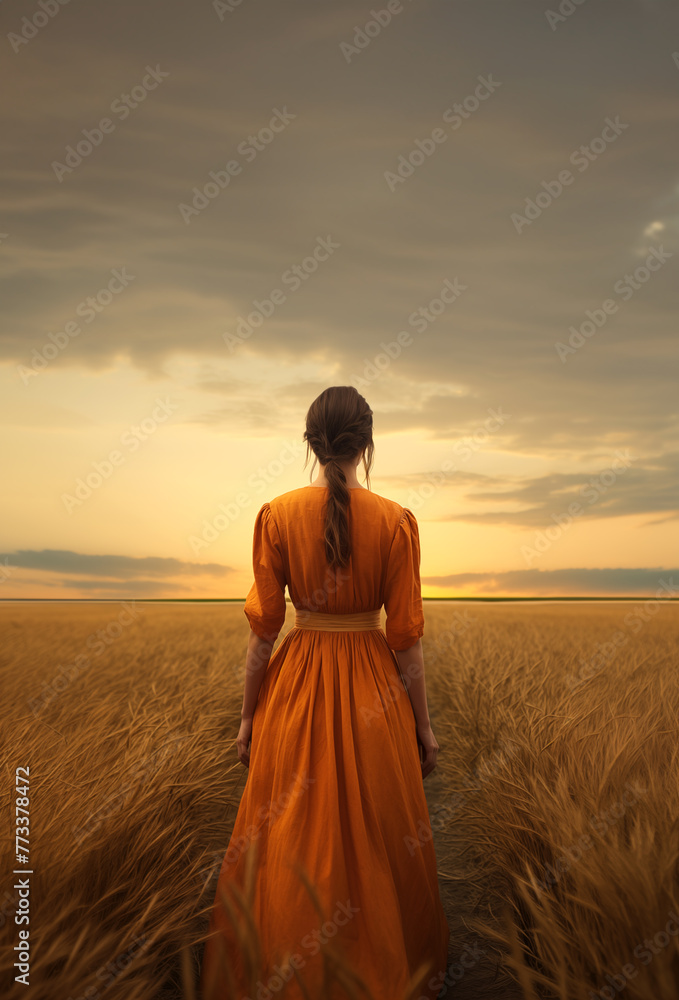 Historical young early american pioneer woman overlooking a vast field in a orange dress and braided brunette hair. Vibrant cinematic sky. Pretty young New Englander farmer daughter. Dry wheat field Historical young early american pioneer woman overlooking a vast field in a orange dress and braided brunette hair. Vibrant cinematic sky. Pretty young New Englander farmer daughter. Dry wheat field