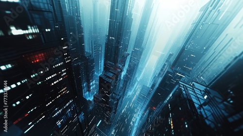 Dynamic 3D cityscape with futuristic skyscrapers, A futuristic urban landscape rendered in dynamic 3D, characterized by towering skyscrapers and advanced architectural design.