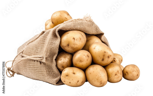 A bag brimming with fresh, earthy potatoes against a stark white backdrop