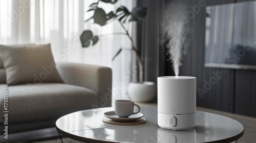 Modern technology of wireless air humidifier with steam on table in living room. AI generated