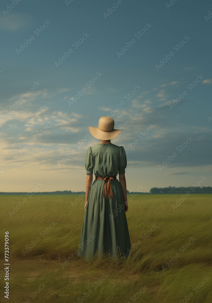 Fototapeta premium Historical young early american pioneer woman overlooking a vast field. Wearing a hat and green dress. Vibrant cinematic sky. Pretty young New Englander farmer daughter. 