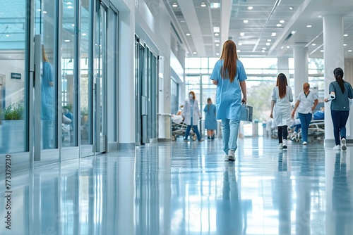 Dynamic medical professionals at work in a bustling hospital environment, Energetic medical professionals working diligently in a busy hospital setting.