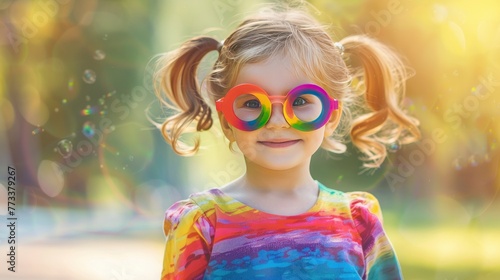 cute children with rainbow themed on blured colourful background