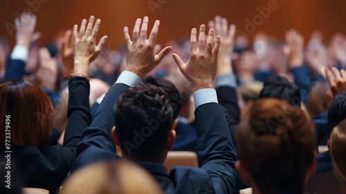 Multi-Ethnic Business Seminar: Rear View of Businesspeople Raising Hands