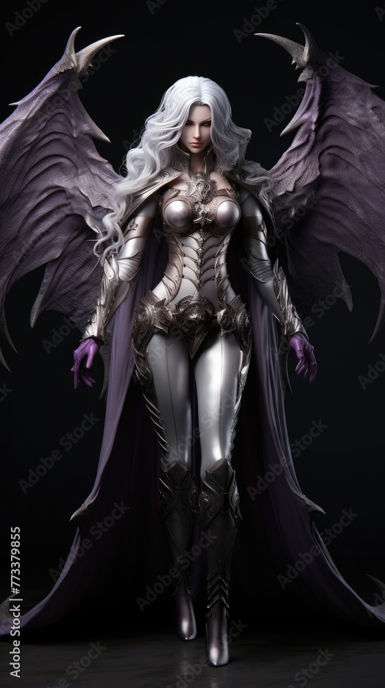 girl devil in the hood with horns, long white hair, and large black wings, with bleeding purple eyes, armor dressed, and angry expressions on her face, character fantasy, the devil women girl devil in the hood with horns, long white hair, and large black wings, with bleeding purple eyes, armor dressed, and angry expressions on her face, character fantasy, the devil women