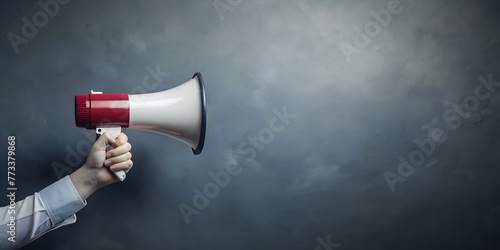 Picture of a man's hand with a megaphone on a dark blue background.