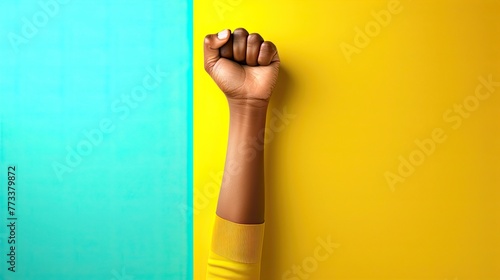 Raised Fist. Symbolizing Power and Strength. Yellow background. dark skin hand. Generative AI 