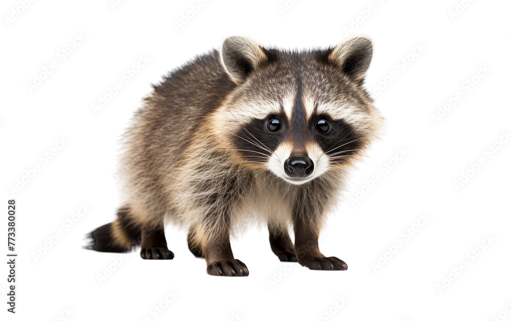 A curious raccoon surveys its surroundings while standing on a minimalistic white surface