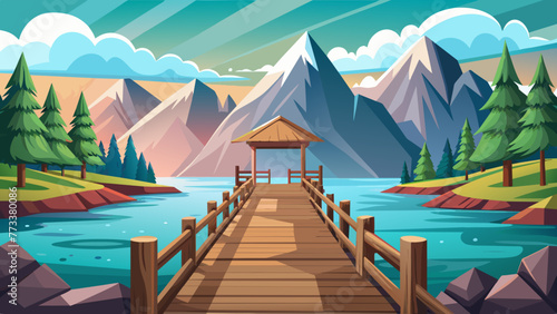 wooden-pier-overlooking-the-lake-and-mountain-vect 