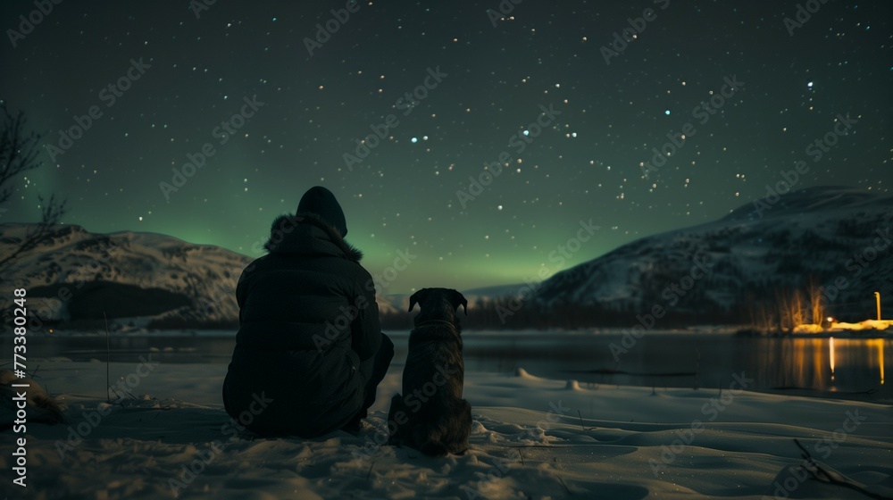 man and dog sitting outside in winter with northern lights in the sky. man and dog sitting outside in winter with northern lights in the sky.