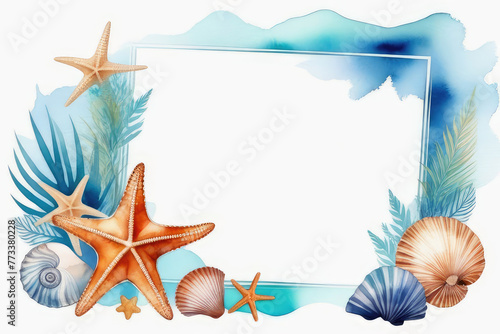 Watercolor composition marine frame with sea stars and corals in minimalistic style.