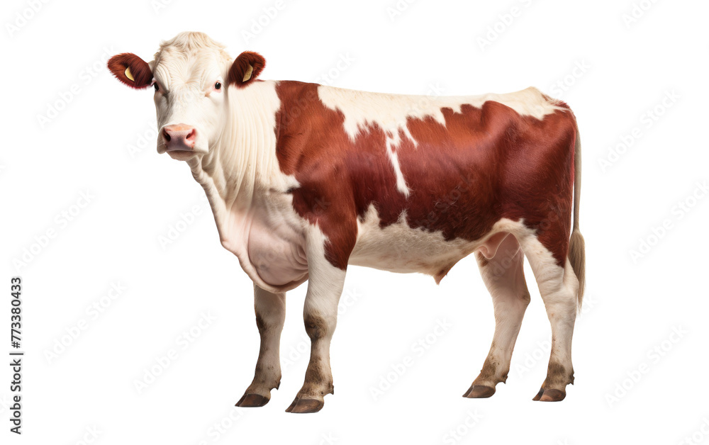 A striking brown and white cow stands gracefully against a pristine white backdrop
