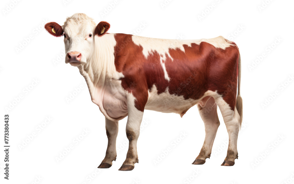 A striking brown and white cow stands gracefully against a pristine white backdrop A striking brown and white cow stands gracefully against a pristine white backdrop