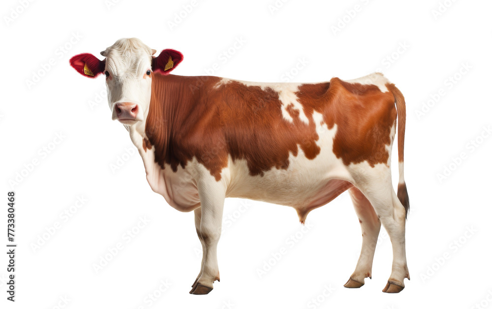 Majestic brown and white cow peacefully stands against a pure white backdrop