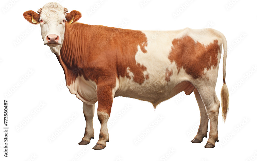 A brown and white cow confidently stands against a stark white background