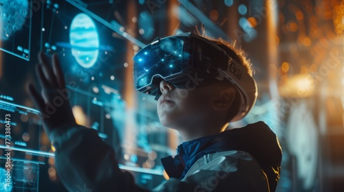 A young boy is wearing a virtual reality headset, immersed in an interactive learning experience