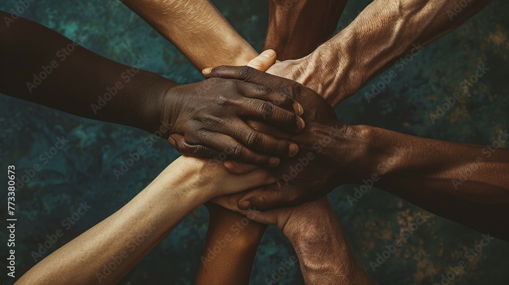 multiracial group with black African American Caucasian and Asian hands holding each other wrist in tolerance unity love and anti racism concept isolated on grunge background