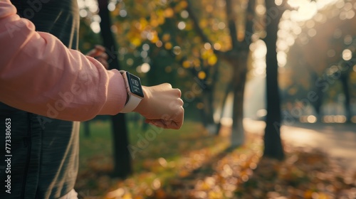 A person wearing a pink jacket is walking through a park