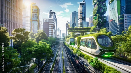 A train moves along tracks surrounded by greenery in a city landscape