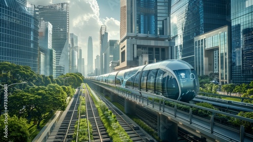 A train travels through a city, surrounded by towering buildings, showcasing urban transportation in a bustling environment