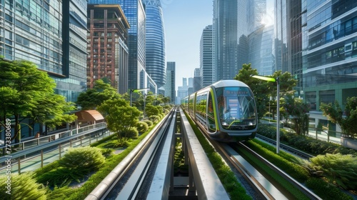 A modern electric train zipping through a busy city street lined with towering buildings