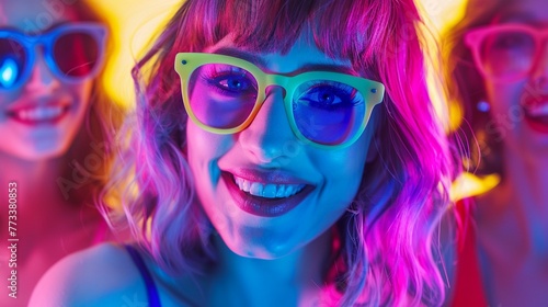 Neon Party  Stylish Women Group Portrait in Colorful Lights