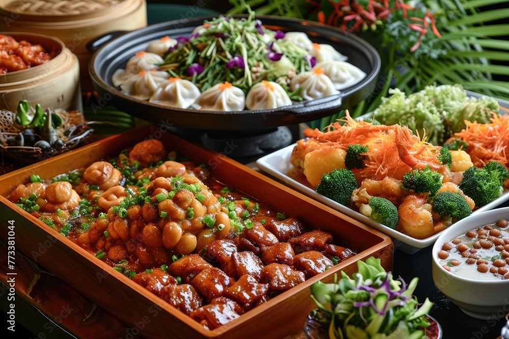 Exotic Asian food spread featuring culinary delights from various countries, A tantalizing spread of exotic Asian cuisine showcasing culinary delights from diverse countries