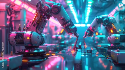 Colors dance across the robotic arms as they diligently carry out their tasks, each movement a testament to technological advancement. © 2D_Jungle