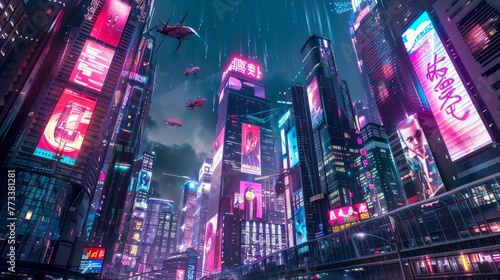A wideangle shot of a bustling futuristic city at night  lit up by neon lights in every direction