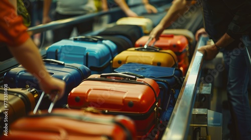 A row of luggage is seen sitting atop an airport conveyor belt in the baggage claim area photo