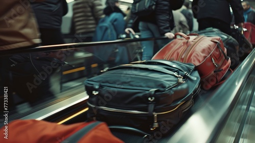 Multiple bags and suitcases sitting on an escalator, waiting to reach the top or bottom