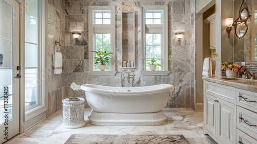 A spacious bathroom featuring a large freestanding tub and sink