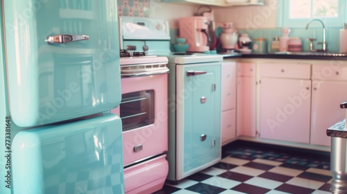 Kitchen featuring pink and blue appliances against a checkered floor