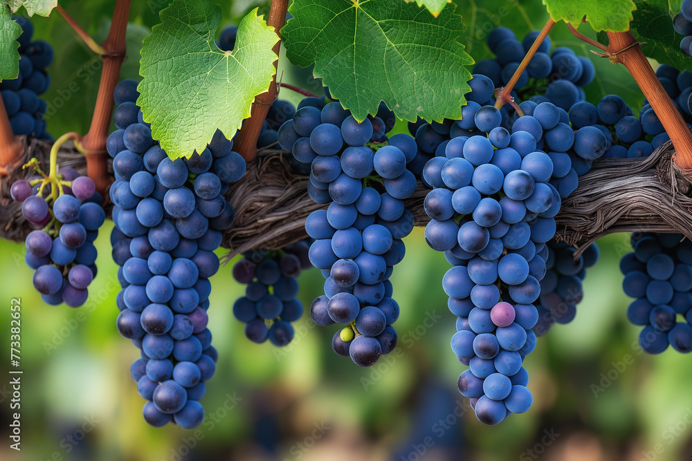 Close-up of vibrant blue grapes hanging on the vine in a vineyard