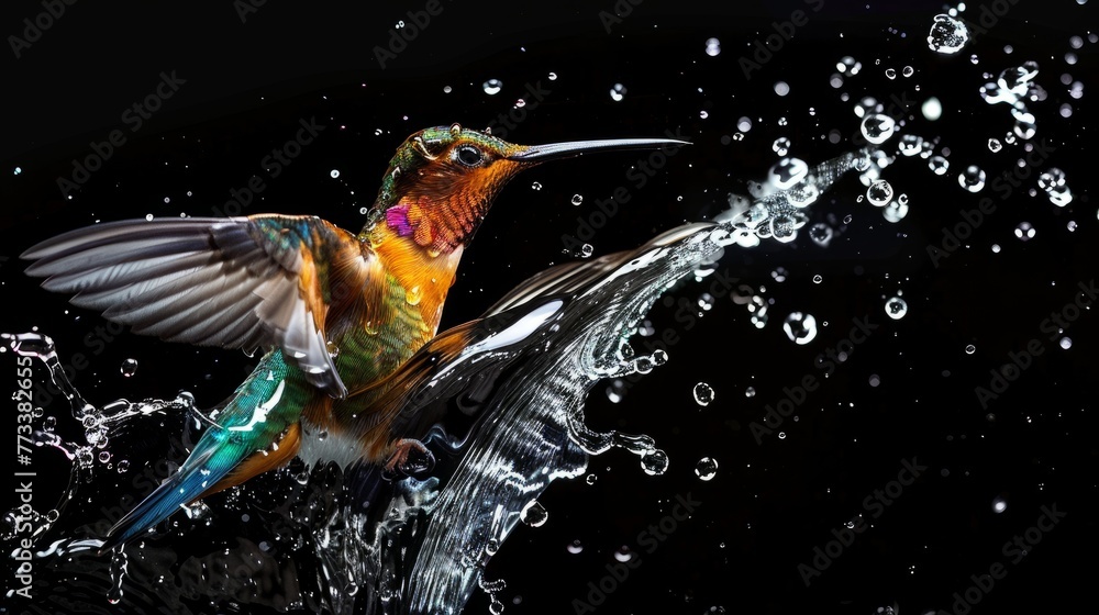 Naklejka premium A colorful hummingbird energetically bathes in water, surrounded by a lively burst of droplets
