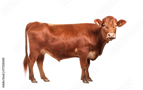 A majestic brown cow stands proudly against a white background