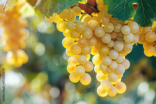 Ripe yellow grapes bask in sunlight, ready for harvest in a vineyard