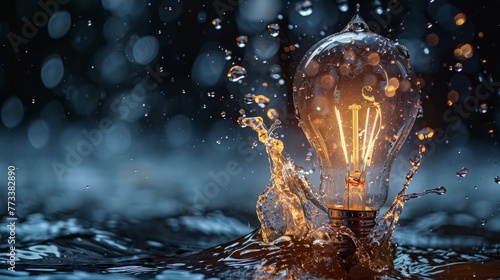 A light bulb emitting light while surrounded by splashing water droplets