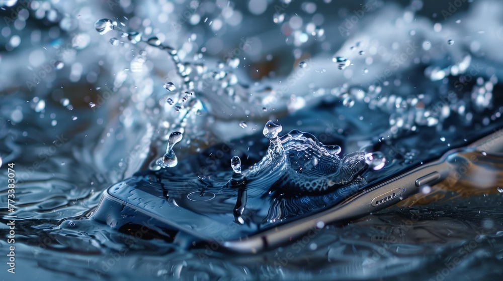 A close-up of a cell phone submerged in water, showcasing its water-resistant feature