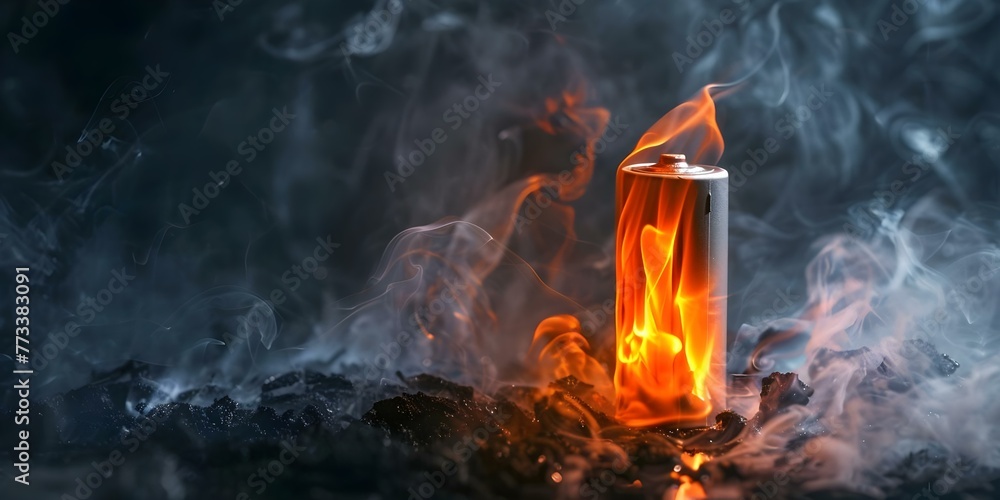 Photo showing lithiumion battery overheating emitting flames and smoke highlighting safety risks and the importance of fire prevention measures. Concept Fire Safety, Lithium-ion Batteries - obrazy, fototapety, plakaty 