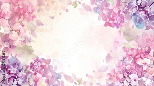 watercolor background of pink, purple colour hortensia with lots of unused copy space
