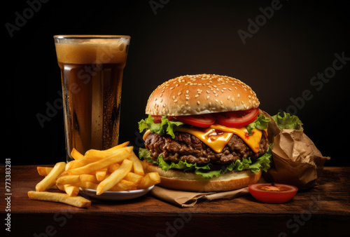 Hamburger with french fries and drink on dark blackbackground studio  on wooden plate  tabletop.