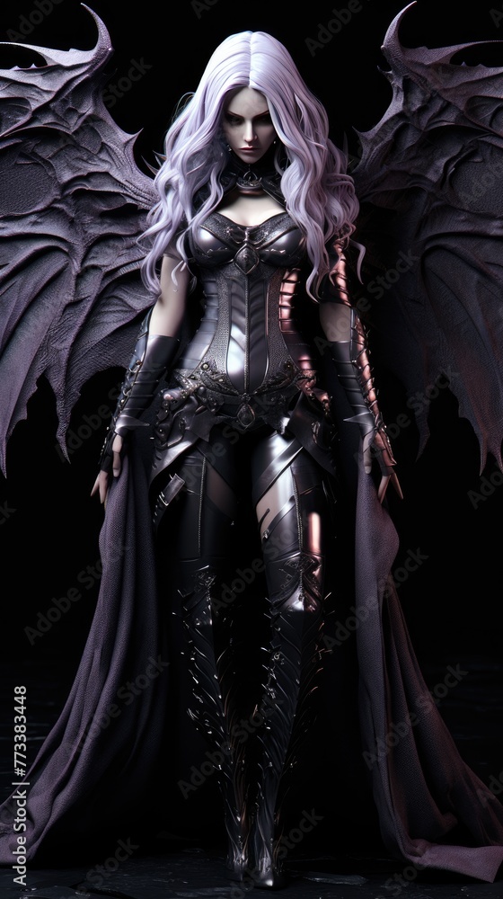girl devil in the hood with horns, long white hair, and large black wings, with bleeding purple eyes, armor dressed, and angry expressions on her face, character fantasy, the devil women girl devil in the hood with horns, long white hair, and large black wings, with bleeding purple eyes, armor dressed, and angry expressions on her face, character fantasy, the devil women