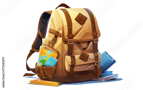 A backpack adorned with books and a map, symbolizing exploration and learning