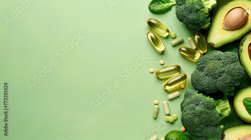 Green vegetables and supplements on pastel background photo