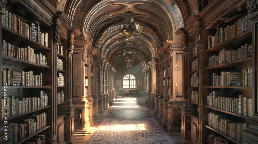 3D rendering of an old library with antique books arranged neatly on wooden shelves, creating a nostalgic and scholarly atmosphere, digital illustration 3D rendering of an old library with antique books arranged neatly on wooden shelves, creating a nostalgic and scholarly atmosphere, digital illustration