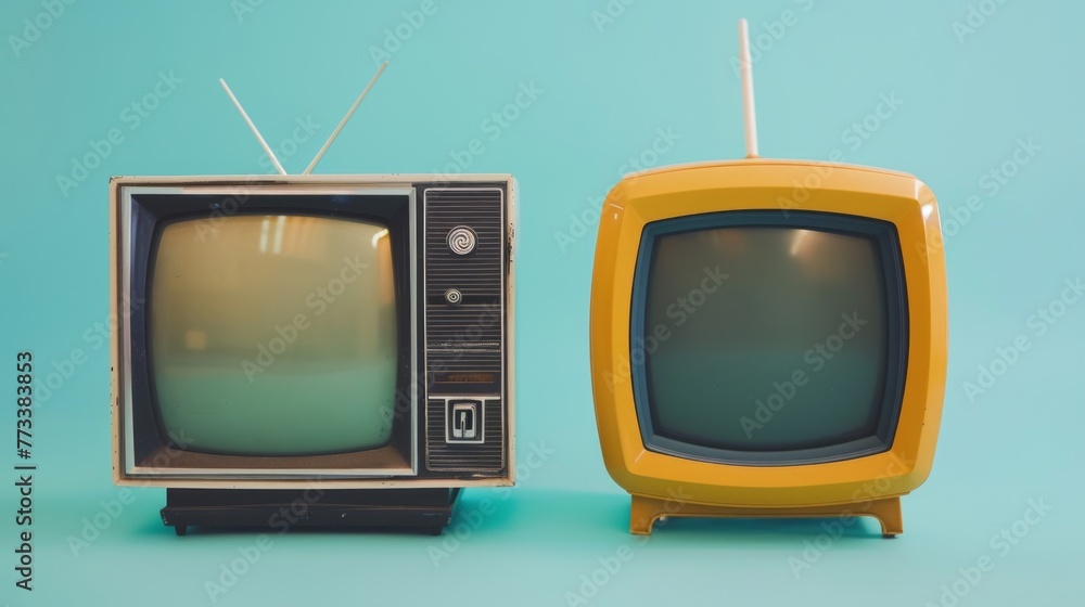 Old TV set vs modern 4k television isolated on blue background