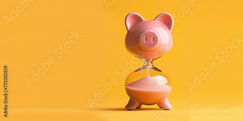 Hourglass shaped piggy bank on yellow background photo