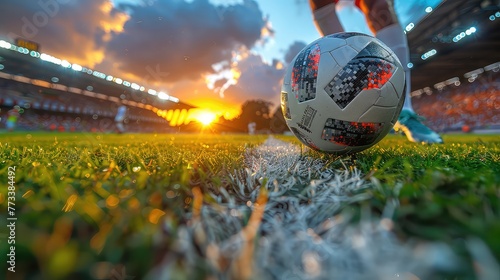 first-person view of the ball with a soccer player on a field in a stadium with an audience #773384492